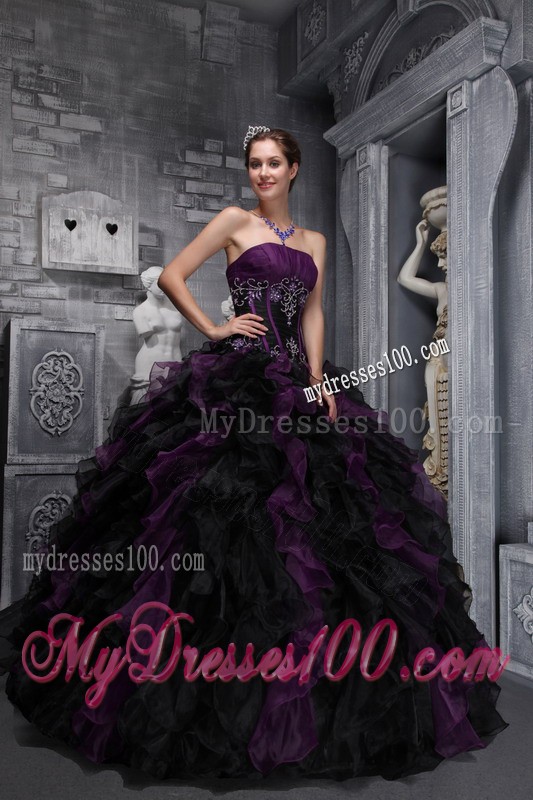 Exclusive Black and Purple Ruffled Ball Gown Quinceanera Dress