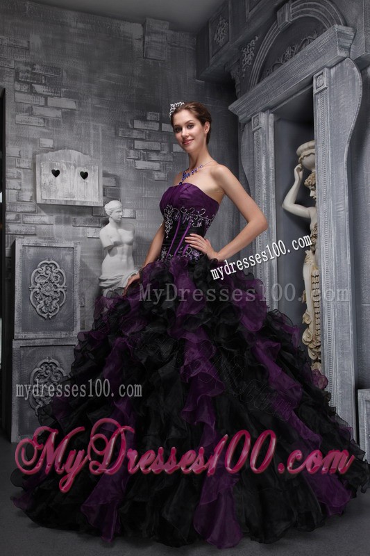 Exclusive Black and Purple Ruffled Ball Gown Quinceanera Dress
