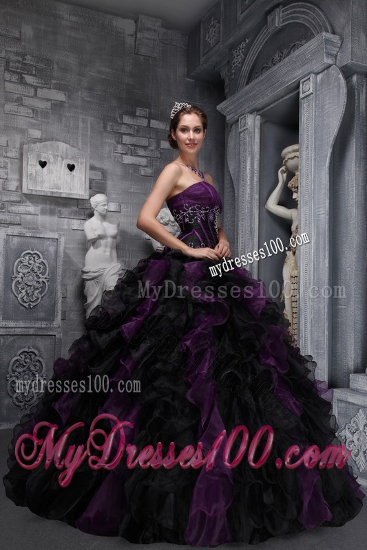 Exclusive Black and Purple Ruffled Ball Gown Quinceanera Dress