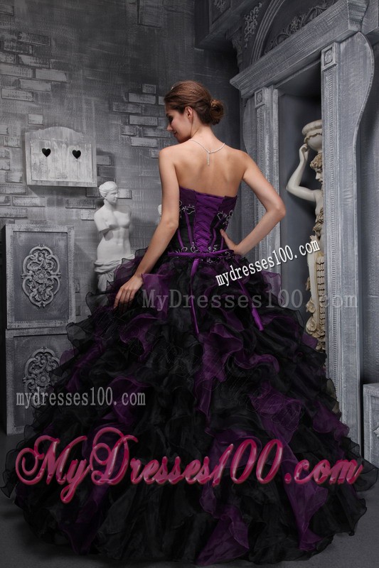 Exclusive Black and Purple Ruffled Ball Gown Quinceanera Dress