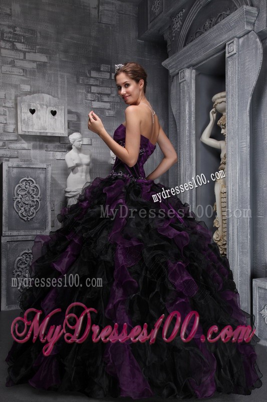 Exclusive Black and Purple Ruffled Ball Gown Quinceanera Dress