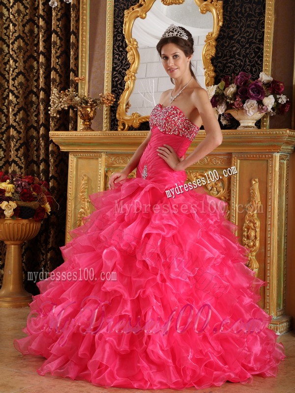 Exclusive Hot Pink Sweetheart Floor-length Organza Beaded Quinceanera Dress