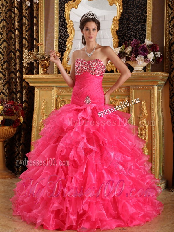Exclusive Hot Pink Sweetheart Floor-length Organza Beaded Quinceanera Dress