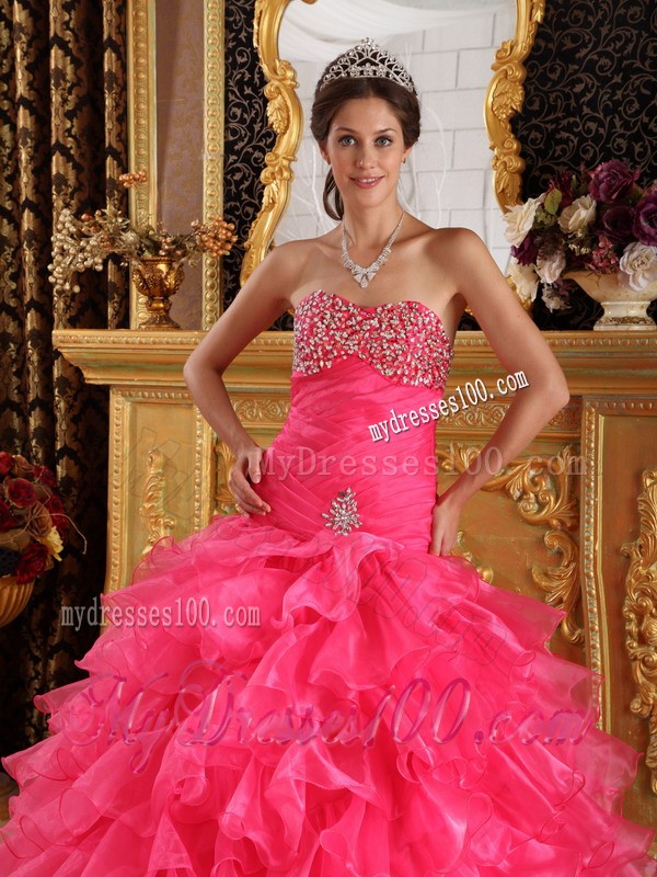 Exclusive Hot Pink Sweetheart Floor-length Organza Beaded Quinceanera Dress