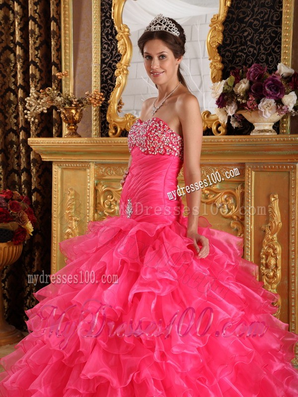 Exclusive Hot Pink Sweetheart Floor-length Organza Beaded Quinceanera Dress
