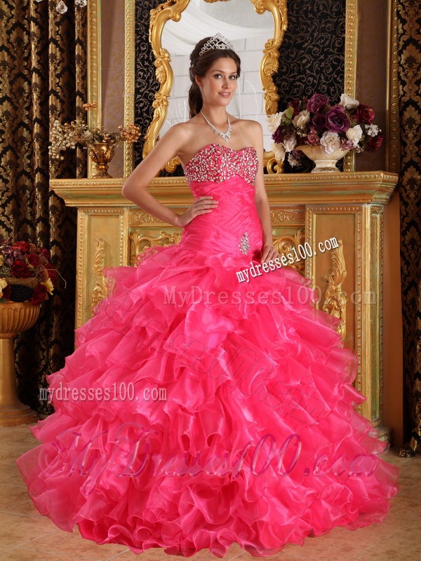 Exclusive Hot Pink Sweetheart Floor-length Organza Beaded Quinceanera Dress