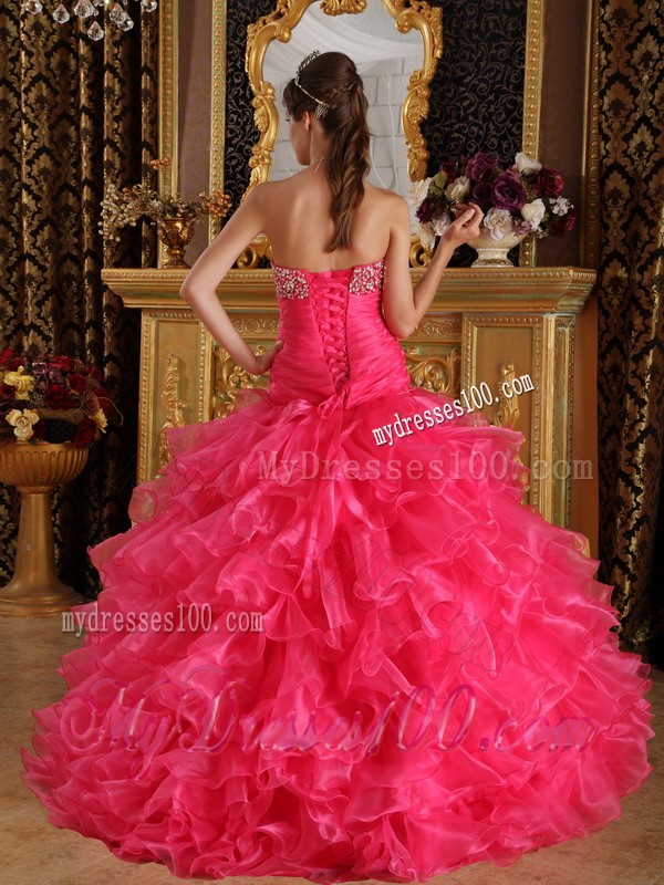 Exclusive Hot Pink Sweetheart Floor-length Organza Beaded Quinceanera Dress