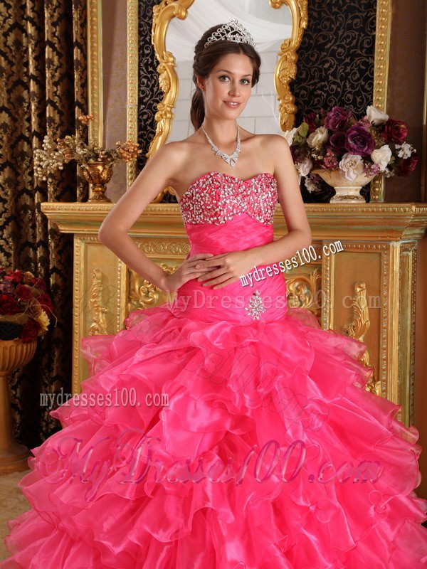Exclusive Hot Pink Sweetheart Floor-length Organza Beaded Quinceanera Dress