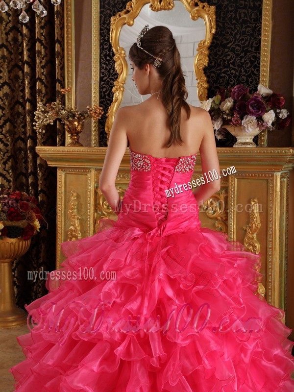Exclusive Hot Pink Sweetheart Floor-length Organza Beaded Quinceanera Dress