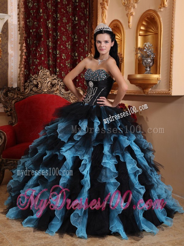 Exclusive Sweetheart Blue and Black Ruffles Quinceanera Dress