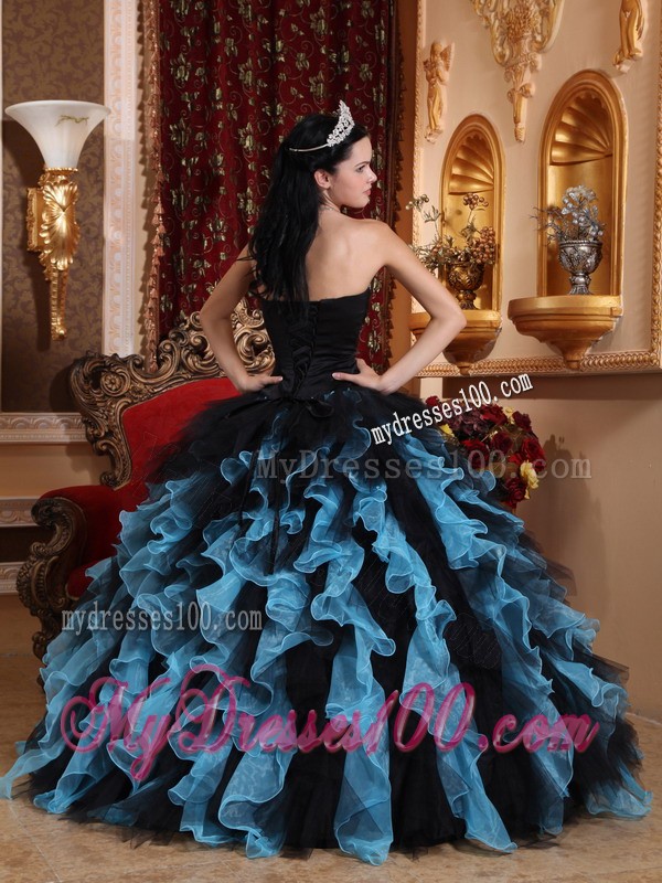 Exclusive Sweetheart Blue and Black Ruffles Quinceanera Dress