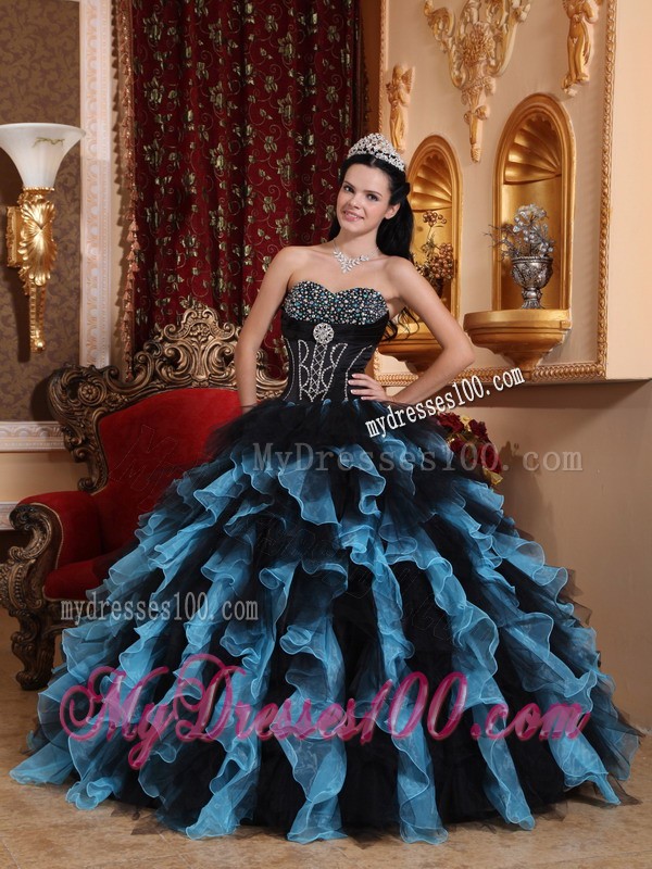 Exclusive Sweetheart Blue and Black Ruffles Quinceanera Dress