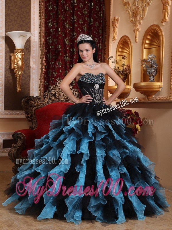 Exclusive Sweetheart Blue and Black Ruffles Quinceanera Dress