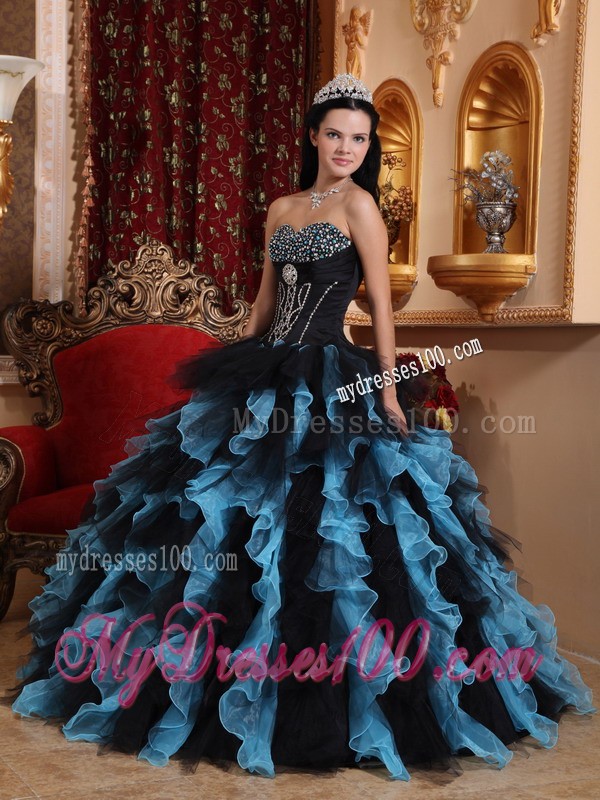 Exclusive Sweetheart Blue and Black Ruffles Quinceanera Dress