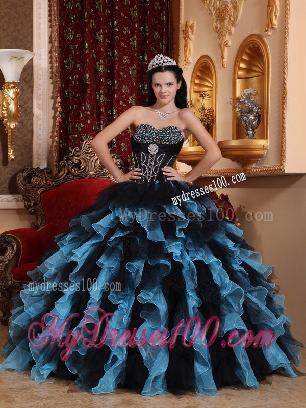 Exclusive Sweetheart Blue and Black Ruffles Quinceanera Dress