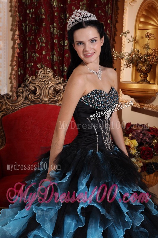 Exclusive Sweetheart Blue and Black Ruffles Quinceanera Dress