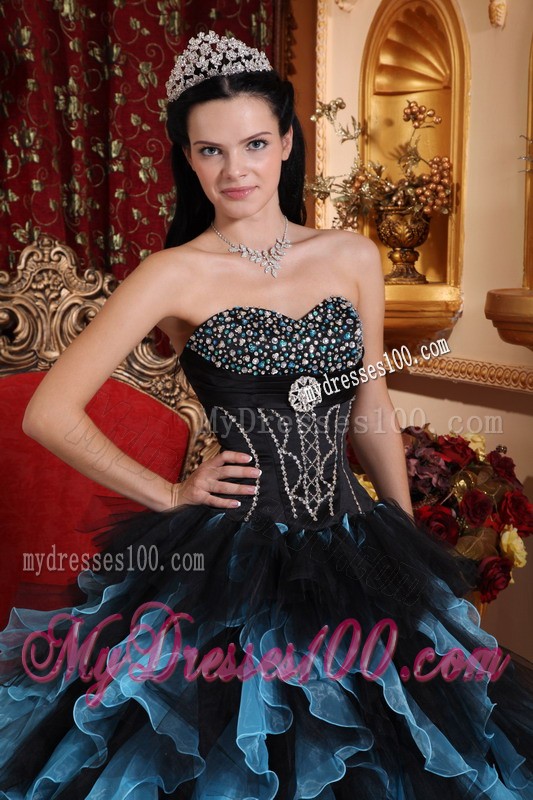 Exclusive Sweetheart Blue and Black Ruffles Quinceanera Dress