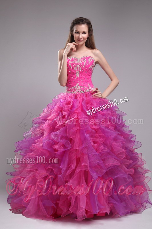 Cute Sweetheart Appliques Fuchsia Ruffled Quinceanera Dress