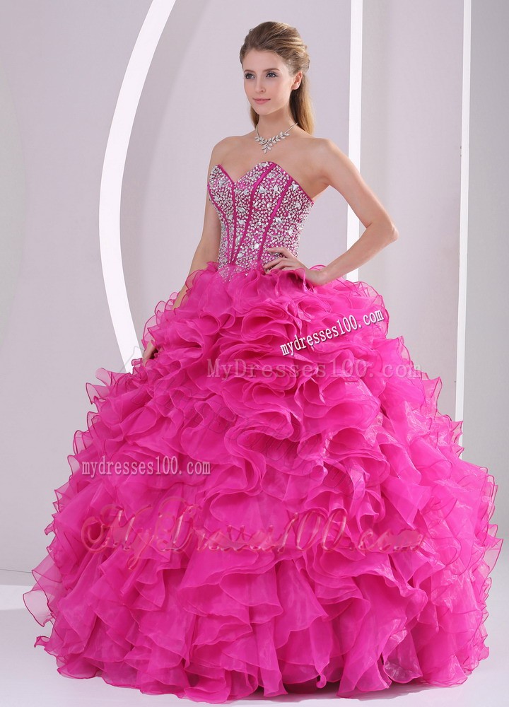 Good Beaded Hot Pink Sweetheart Quinceanera Gown with Ruffled Layers