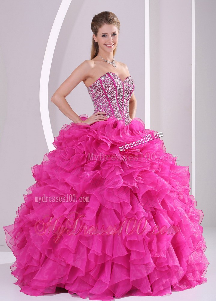 Good Beaded Hot Pink Sweetheart Quinceanera Gown with Ruffled Layers