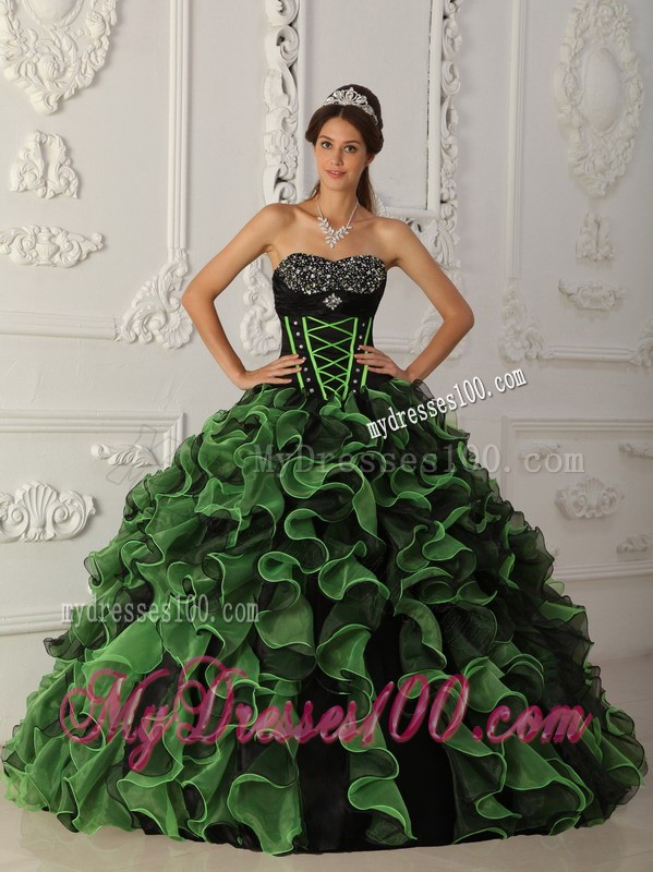 Green Sweetheart Beaded Quinceanera Dress with Ruffled Layers