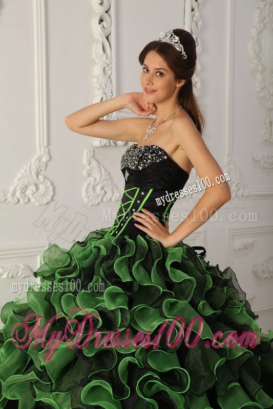 Green Sweetheart Beaded Quinceanera Dress with Ruffled Layers