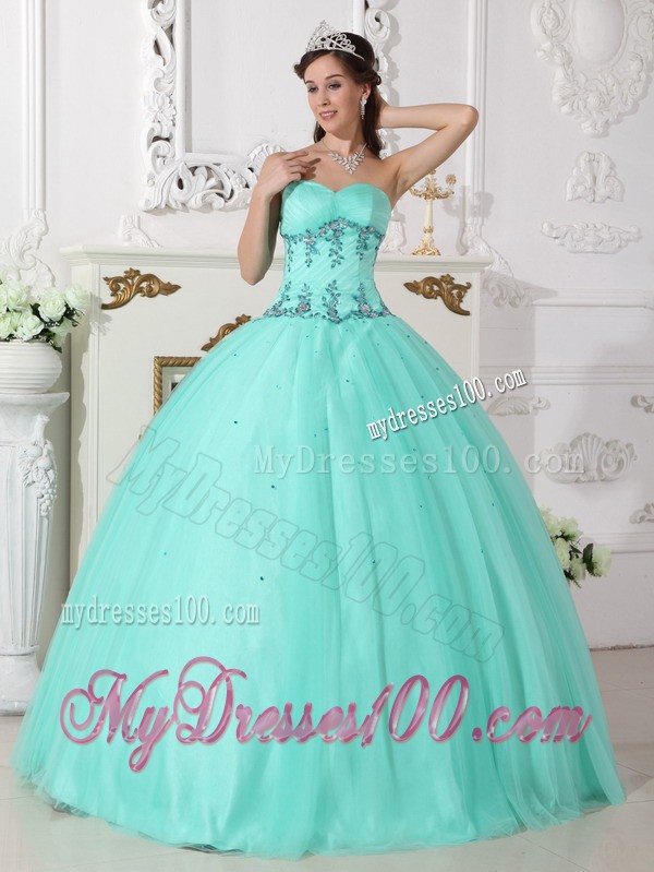 Apple Green Sweetheart Tulle and Taffeta Beaded Quince Dress