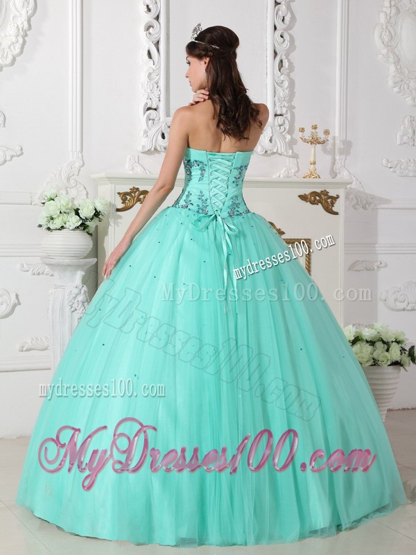 Apple Green Sweetheart Tulle and Taffeta Beaded Quince Dress