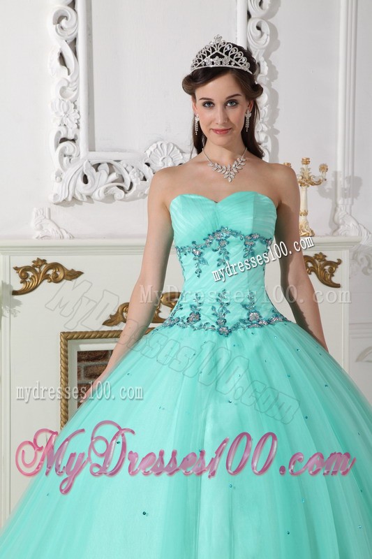 Apple Green Sweetheart Tulle and Taffeta Beaded Quince Dress