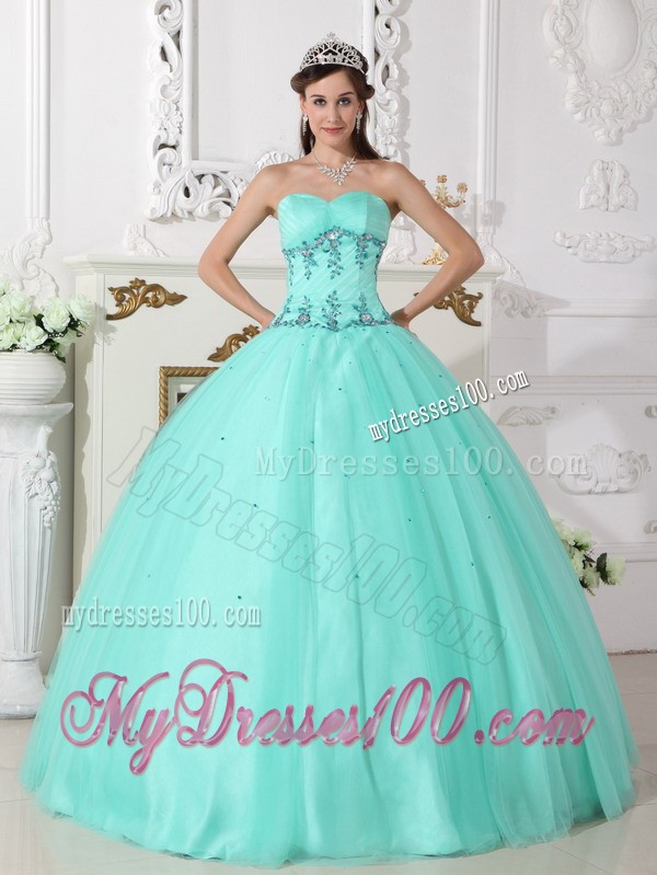 Apple Green Sweetheart Tulle and Taffeta Beaded Quince Dress