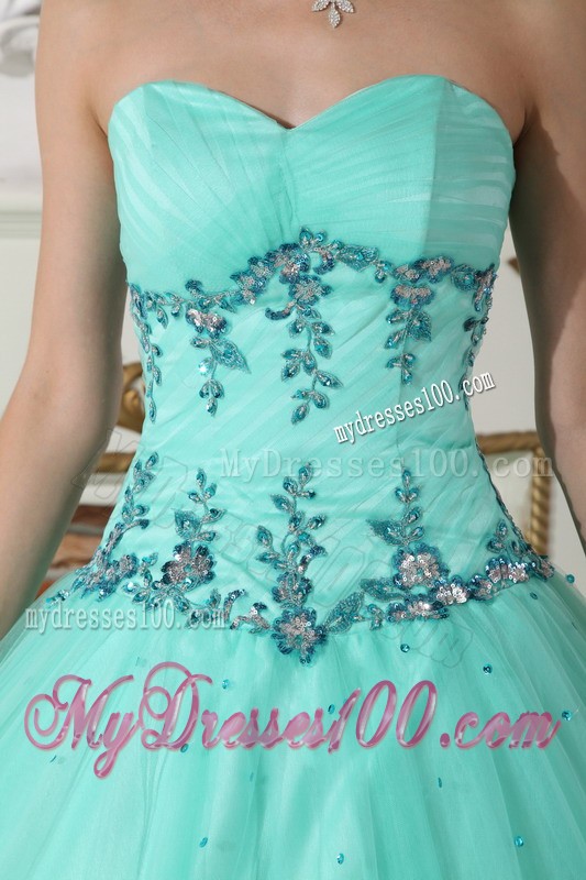 Apple Green Sweetheart Tulle and Taffeta Beaded Quince Dress