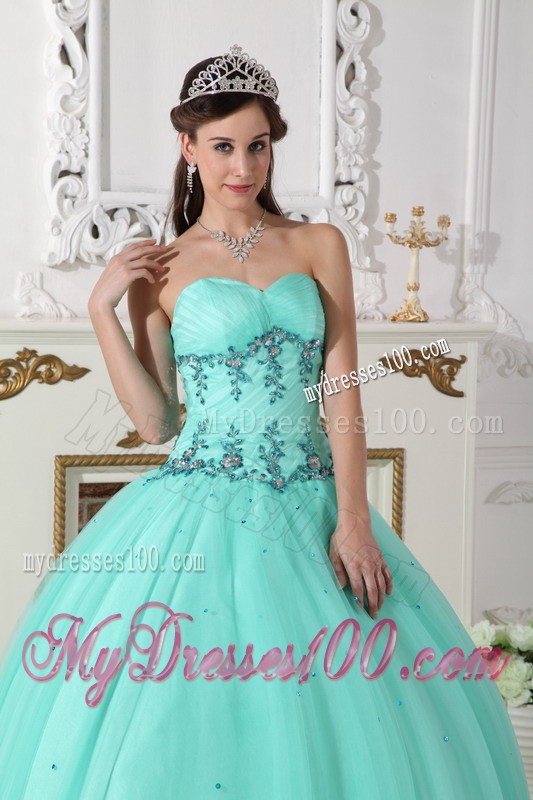 Apple Green Sweetheart Tulle and Taffeta Beaded Quince Dress