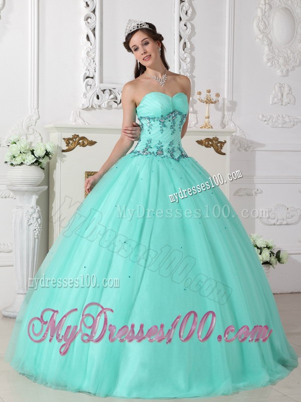 Apple Green Sweetheart Tulle and Taffeta Beaded Quince Dress