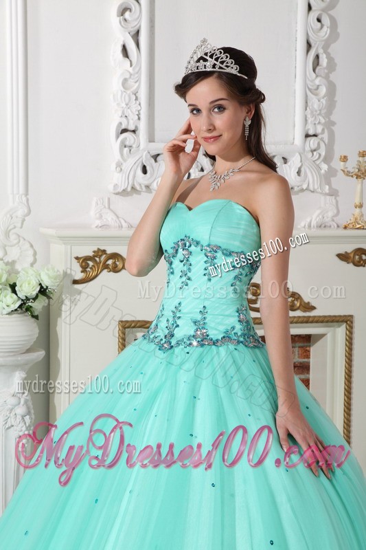 Apple Green Sweetheart Tulle and Taffeta Beaded Quince Dress