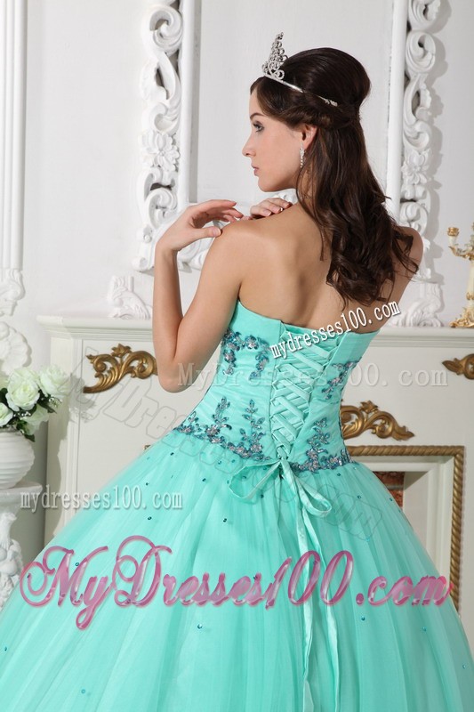 Apple Green Sweetheart Tulle and Taffeta Beaded Quince Dress