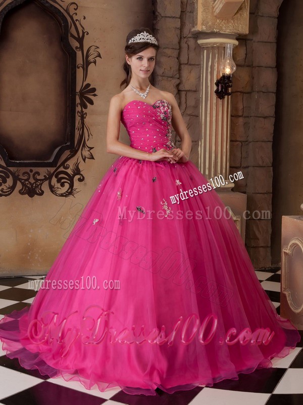 A-line Hot Pink Sweetheart Beading and Hand Made Flower Quinceanera Dresses