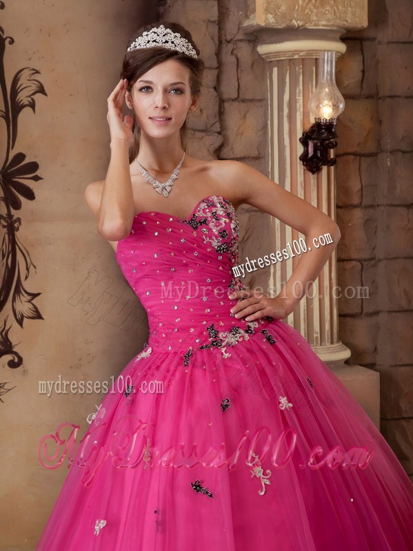 A-line Hot Pink Sweetheart Beading and Hand Made Flower Quinceanera Dresses
