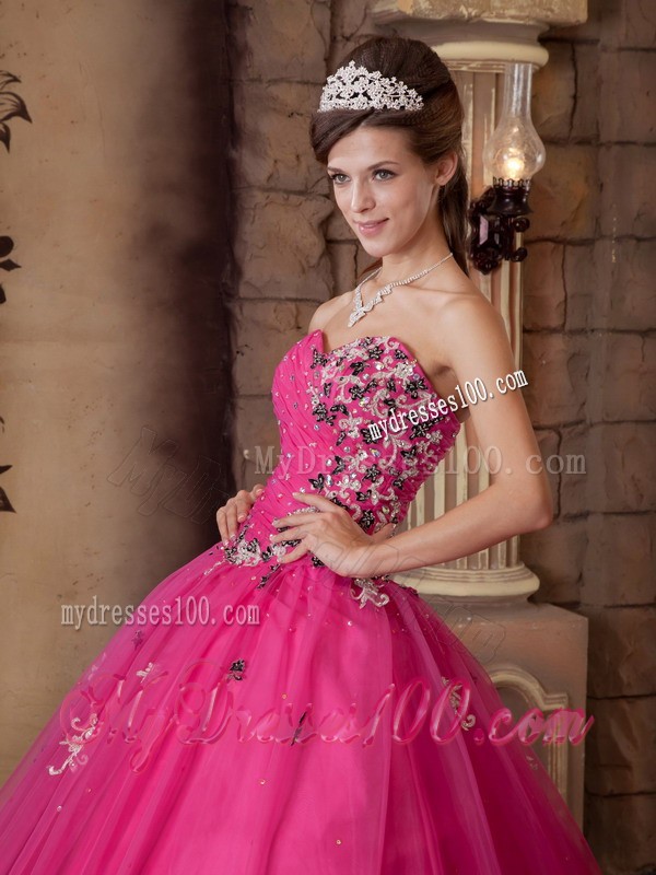 A-line Hot Pink Sweetheart Beading and Hand Made Flower Quinceanera Dresses