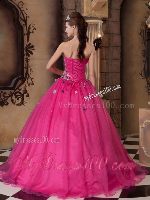 A-line Hot Pink Sweetheart Beading and Hand Made Flower Quinceanera Dresses