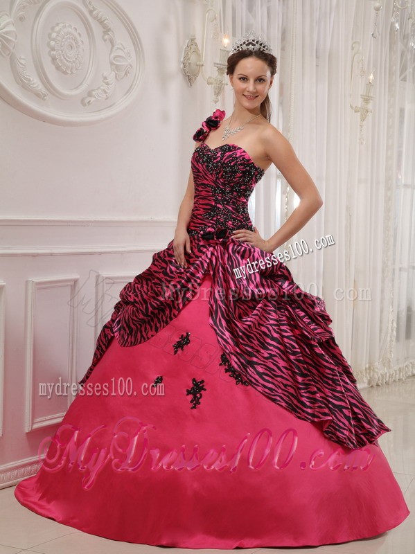 Hot Pink Zebra with Flower One Shoulder Beaded Sweet 16 Dress