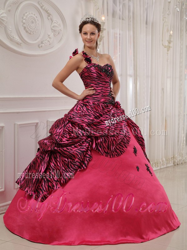 Hot Pink Zebra with Flower One Shoulder Beaded Sweet 16 Dress