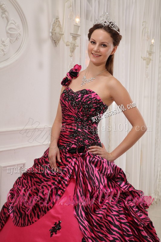 Hot Pink Zebra with Flower One Shoulder Beaded Sweet 16 Dress