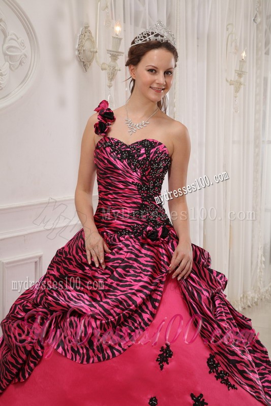 Hot Pink Zebra with Flower One Shoulder Beaded Sweet 16 Dress