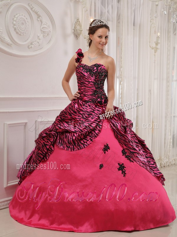 Hot Pink Zebra with Flower One Shoulder Beaded Sweet 16 Dress