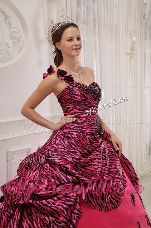 Hot Pink Zebra with Flower One Shoulder Beaded Sweet 16 Dress