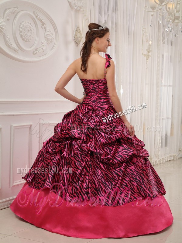 Hot Pink Zebra with Flower One Shoulder Beaded Sweet 16 Dress