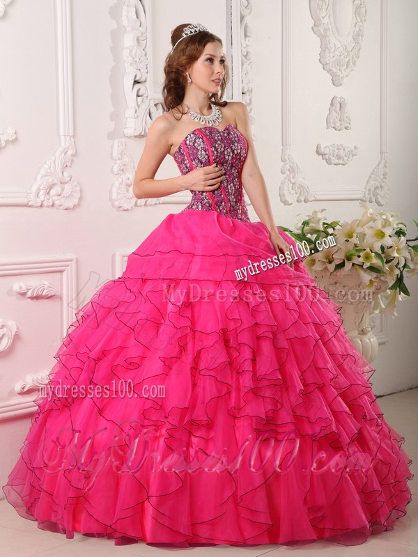 Sweetheart Hot Pink Floor-length Organza Beading Quinceanera Dress
