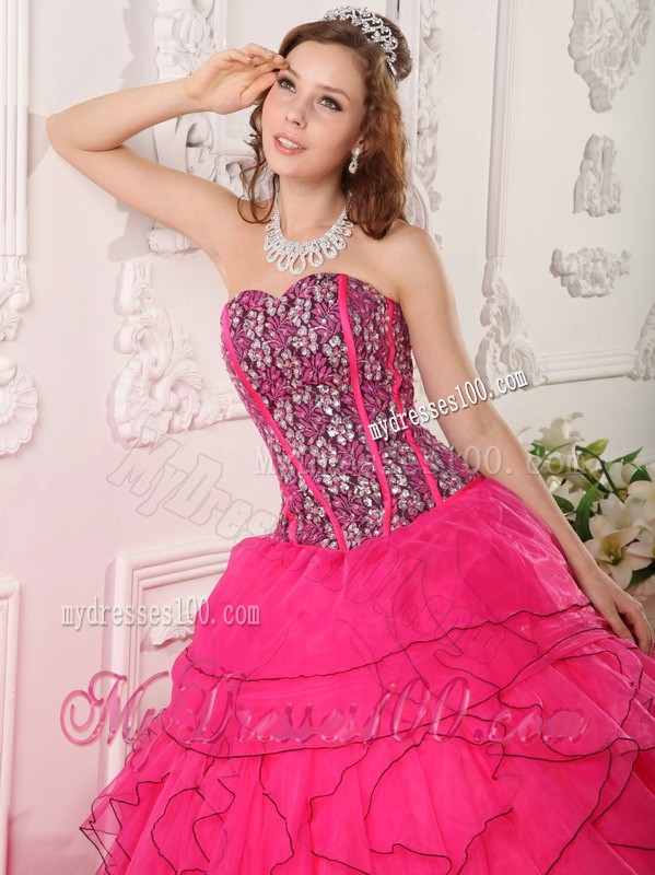 Sweetheart Hot Pink Floor-length Organza Beading Quinceanera Dress