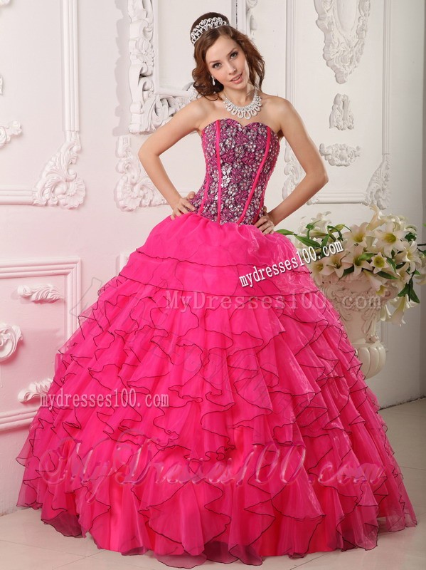 Sweetheart Hot Pink Floor-length Organza Beading Quinceanera Dress