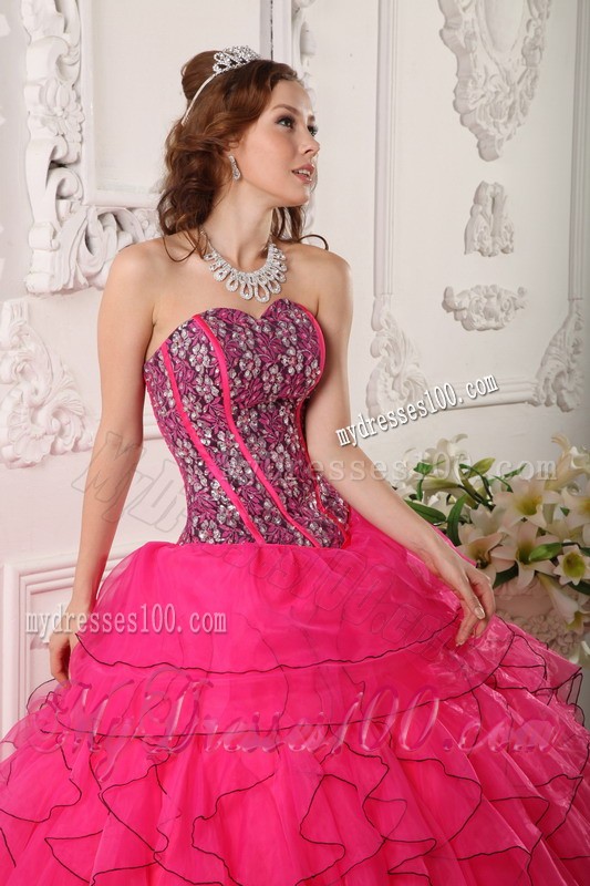 Sweetheart Hot Pink Floor-length Organza Beading Quinceanera Dress